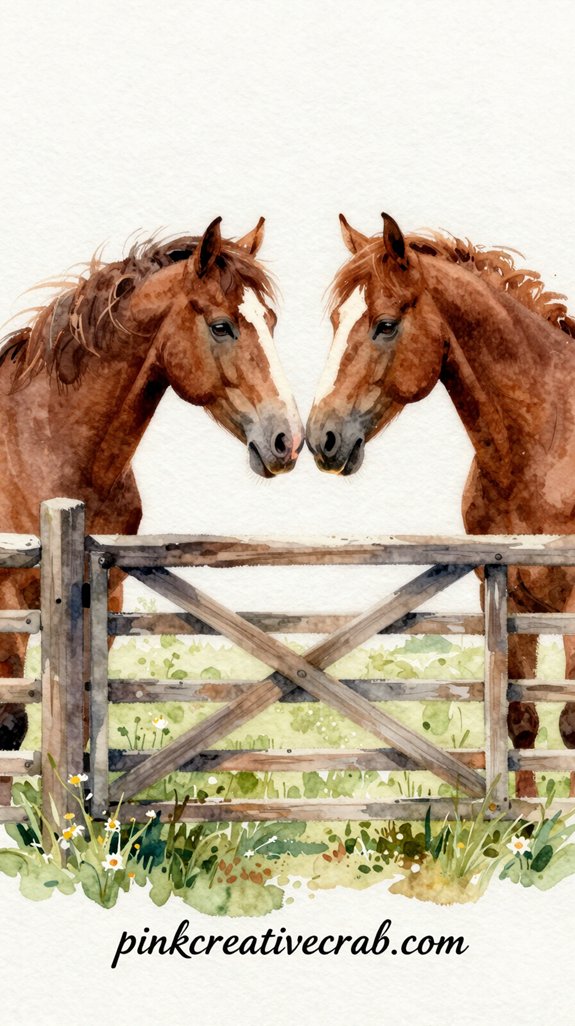 horses touching noses over pasture gate