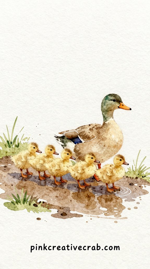 watercolor ducklings in muddy puddle
