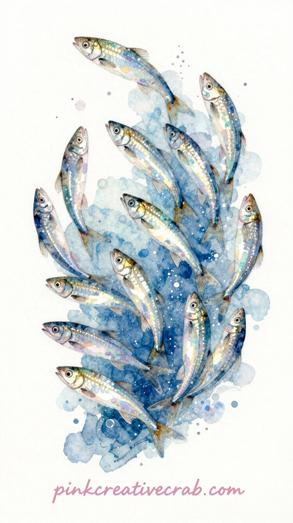 shimmering silver fish school in blue
