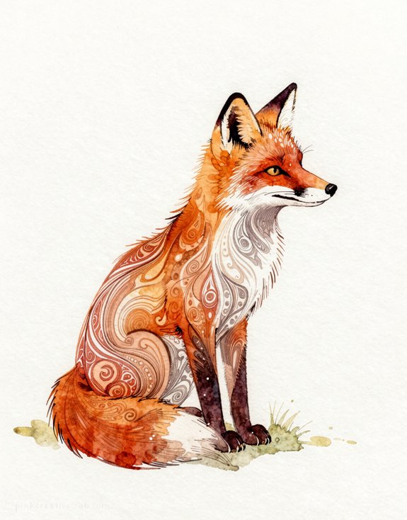flowing zentangle autumnal watercolor fox painting