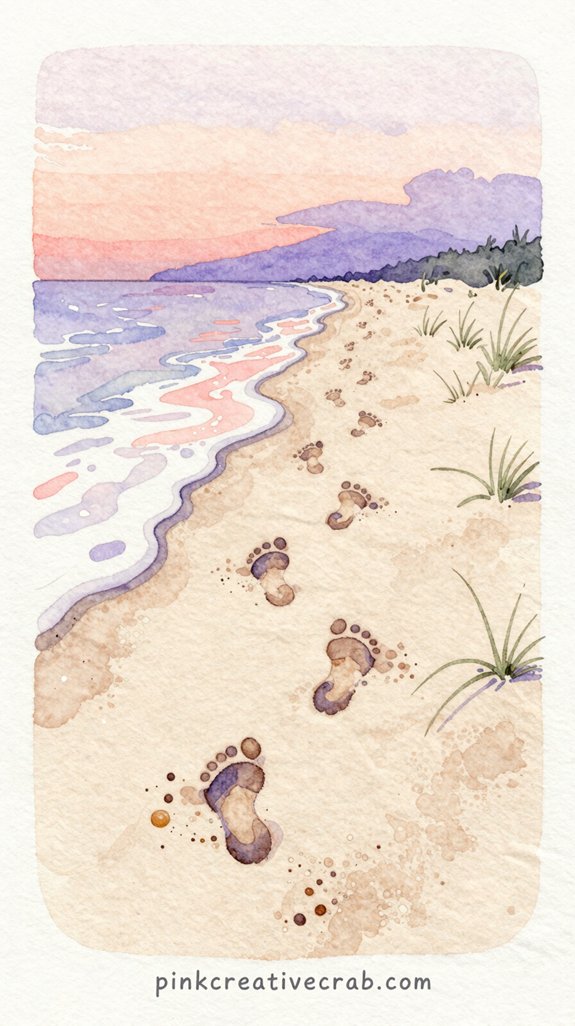 fading footprints into sunset bathed shore