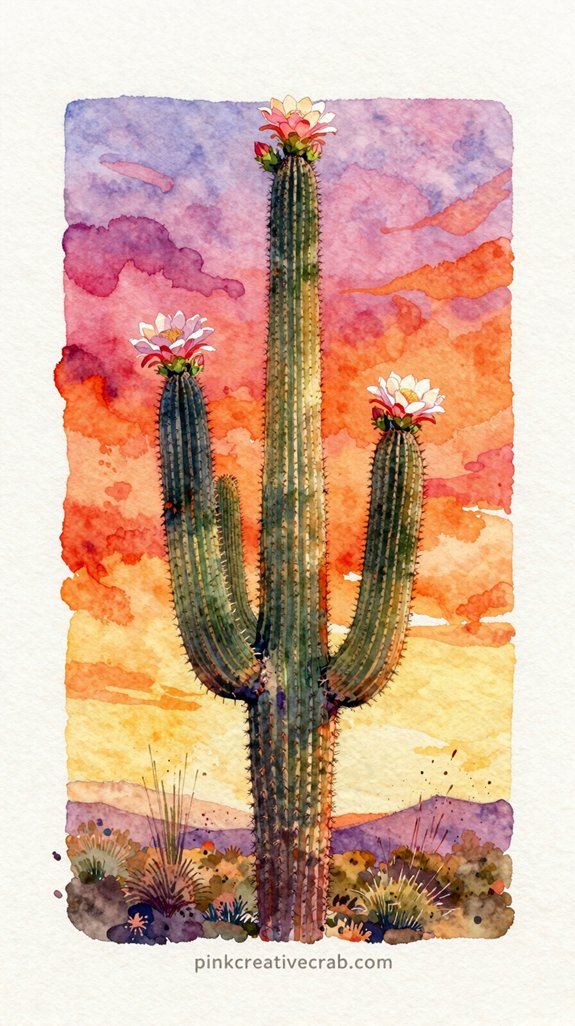 vibrant desert sunset cactus watercolor card