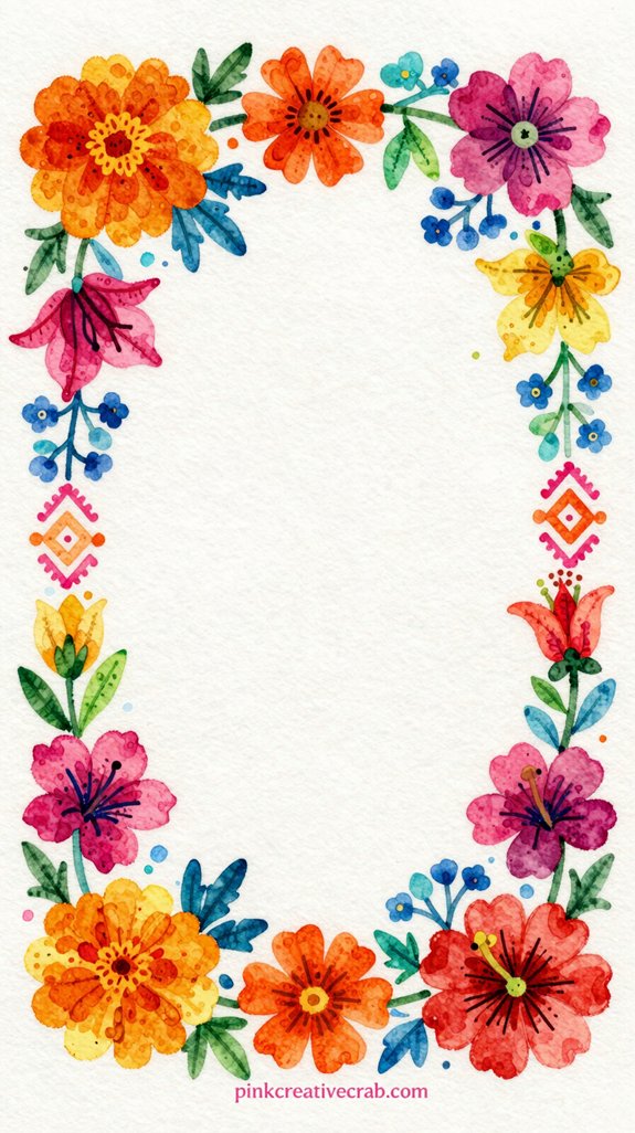 vibrant mexican inspired watercolor floral border