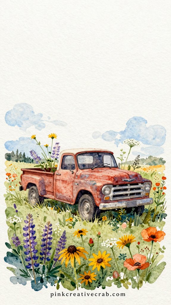 field of wildflowers trucks patched rust