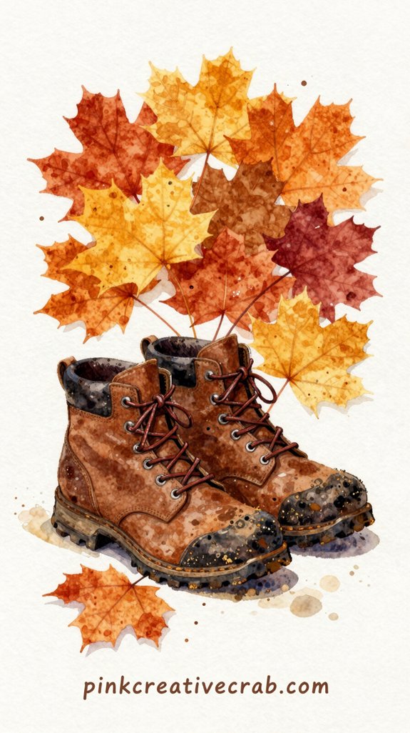 vibrant autumn leaves weathered hiking boots