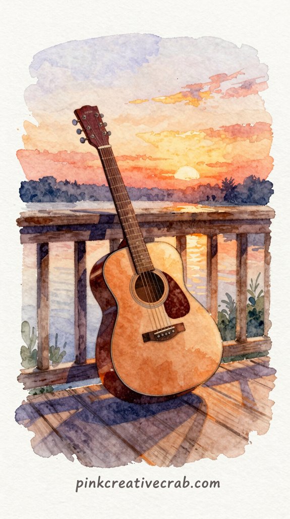 watercolor sunset guitar silhouette serenity