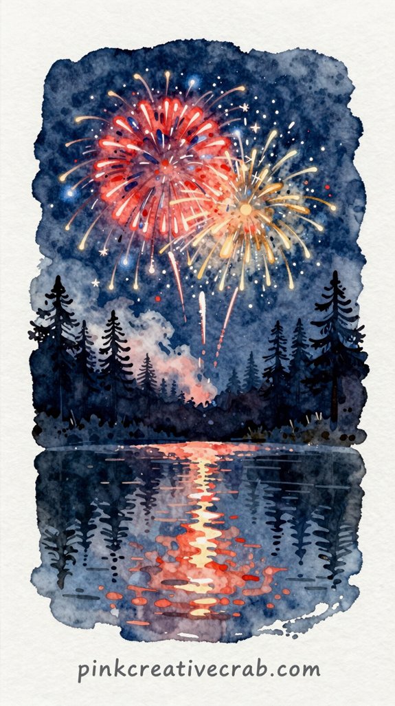 nighttime fireworks over serene lake