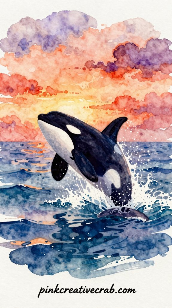 dramatic silhouetted orca sunset watercolor masterpiece