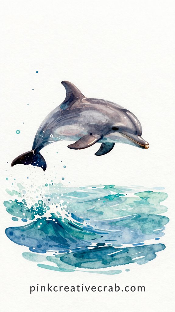 watercolor friendly jumping dolphin pops against waves