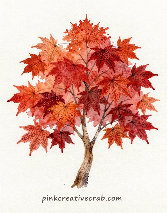 autumn red japanese maple zentangle watercolor