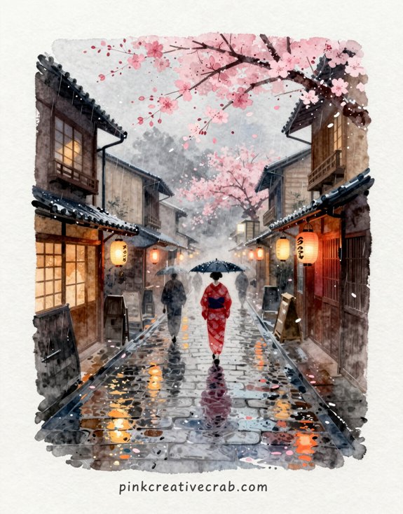 glowing paper lanterns in rainy night