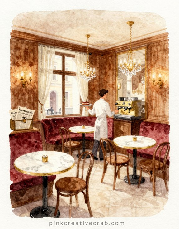 viennese coffeehouse scene with minimalist figure