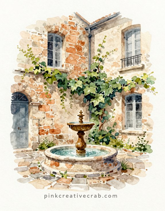 mysterious weathered tranquil courtyard fountain