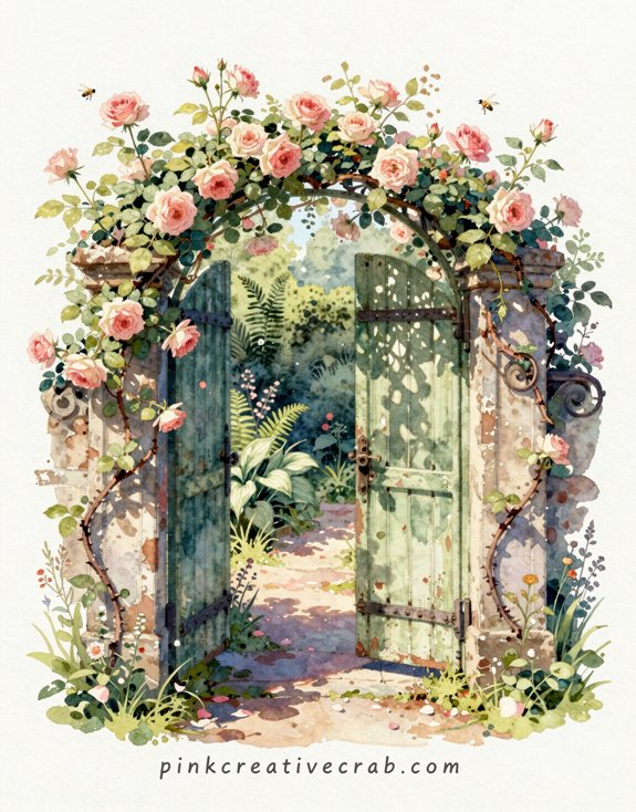 enchanting secret garden through half open rose gate