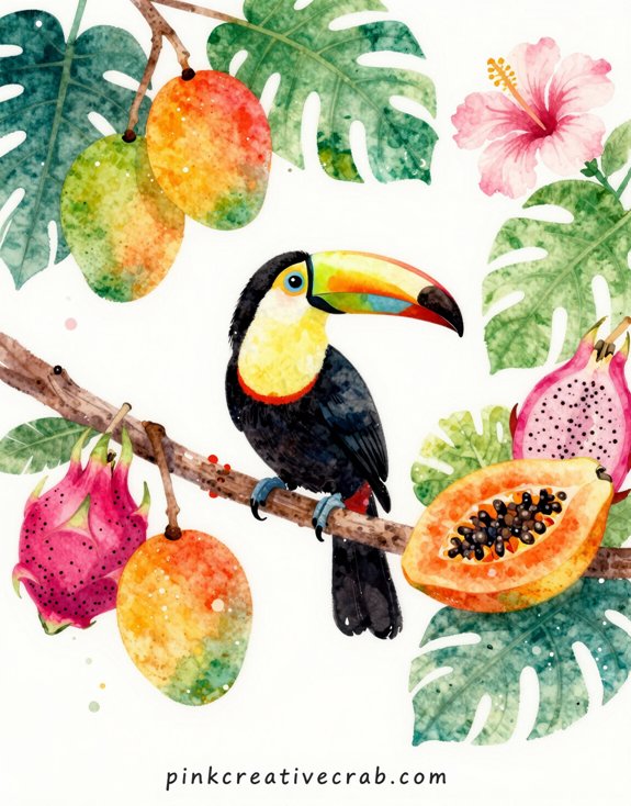 vibrant tropical fruit watercolor toucan scene