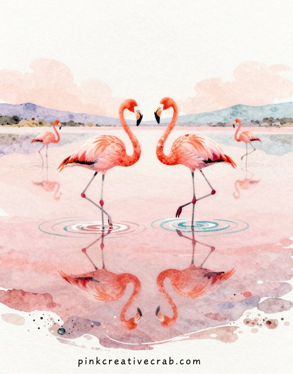 ethereal dreamlike flamingo salt lake reflection