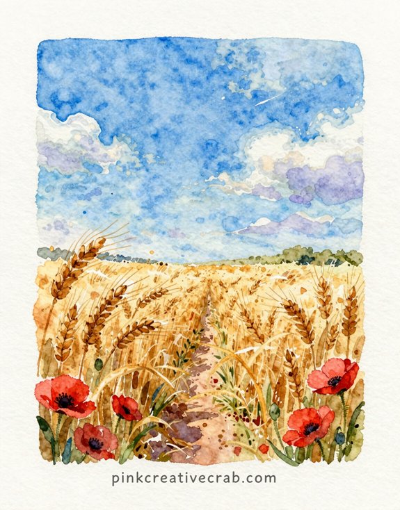 simplify landscape emphasize sky wheat poppy