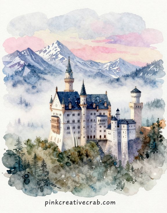 misty bavarian castle watercolor practice