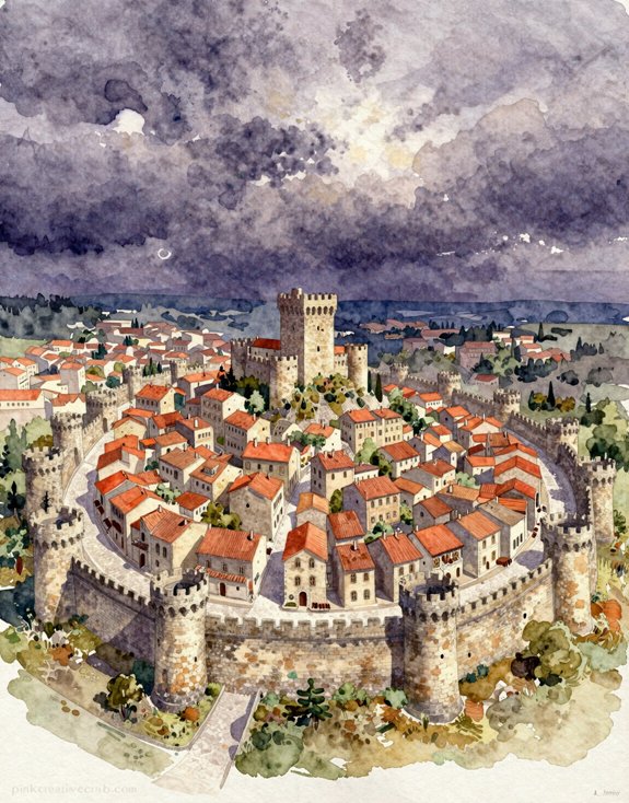 detailed medieval city watercolor landscape