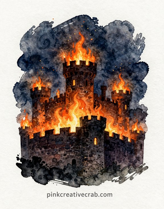 dramatic silhouetted towers flickering orange flames
