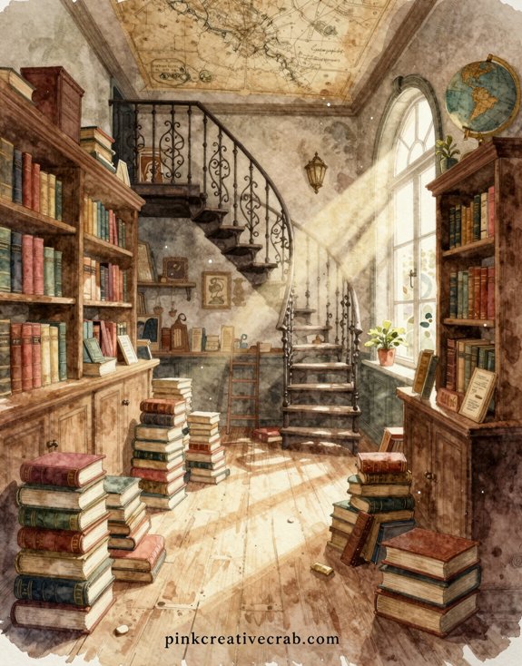 spiral stairs messy books aged maps