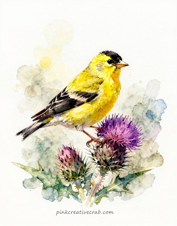 vibrant goldfinch against soft sky