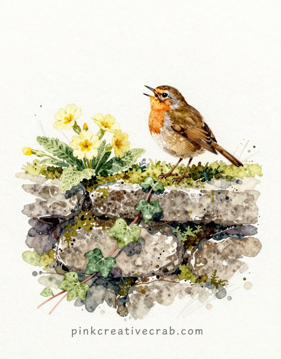 wren s primrose framed ivy draped stone wall song