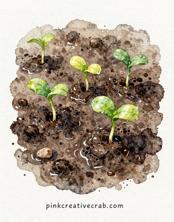 seedlings emerging in wet soil
