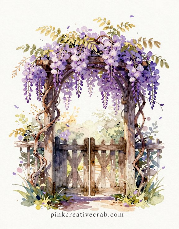 dramatic wisteria arch over garden gate