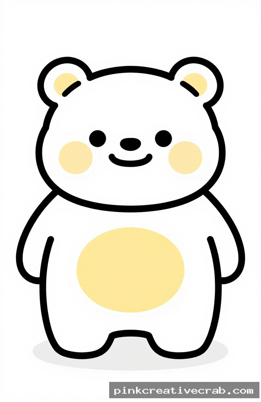 smiling cartoon sun bear, black ink doodle on white paper, round simple shapes, cheerful yellow chest patch, clean white