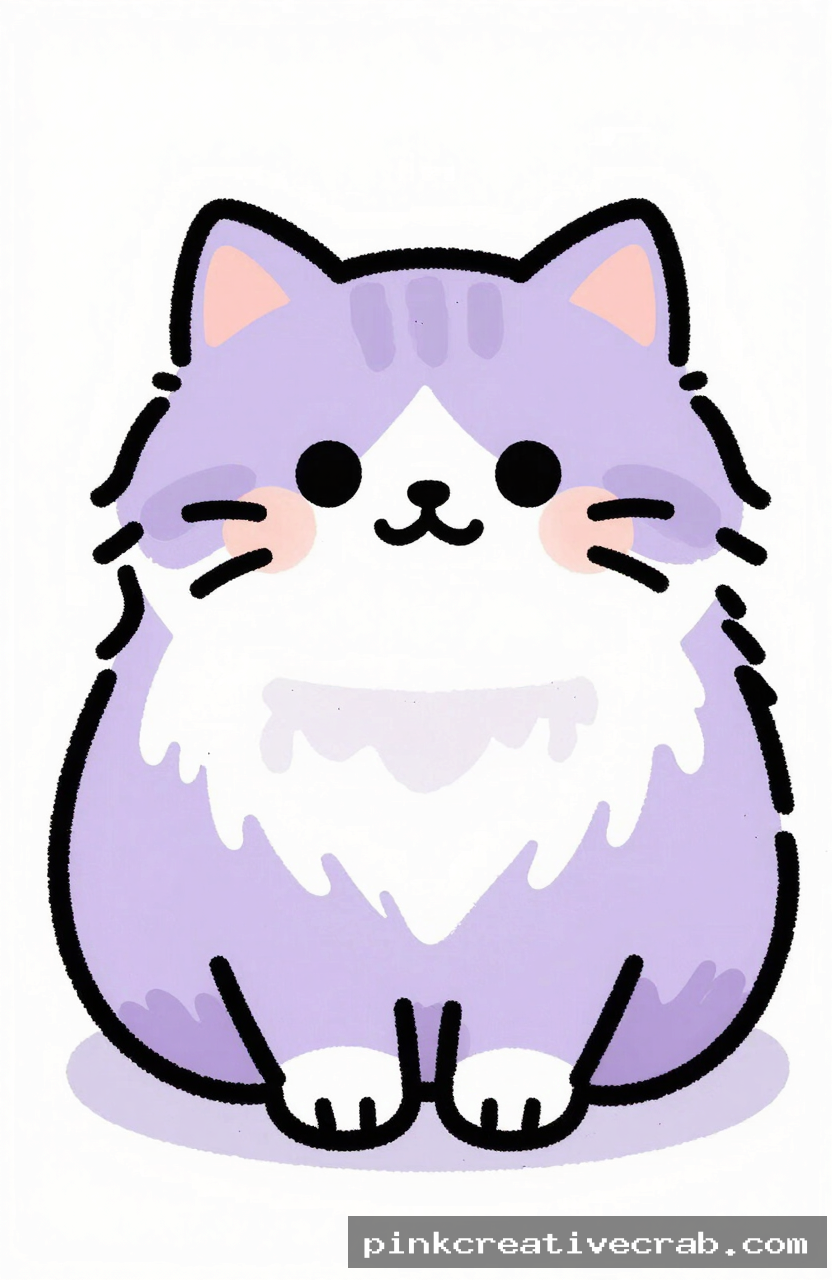 fluffy round cartoon cat, black ink doodle on white paper, lavender body, short fur brushstrokes, simple face, white bac