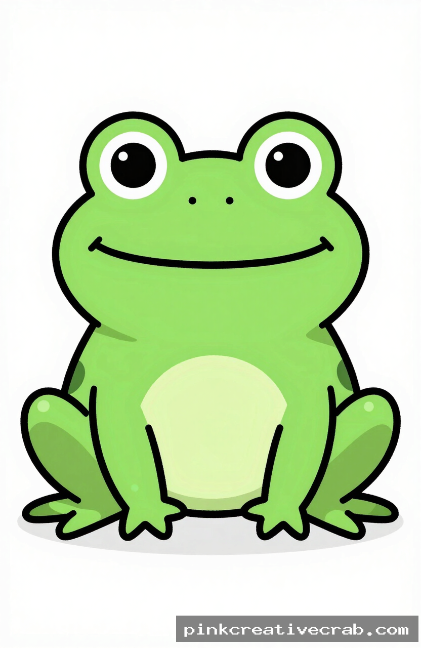 happy cartoon frog, black ink doodle on white paper, bright green oval body, wide smile, big circle eyes, white backgrou