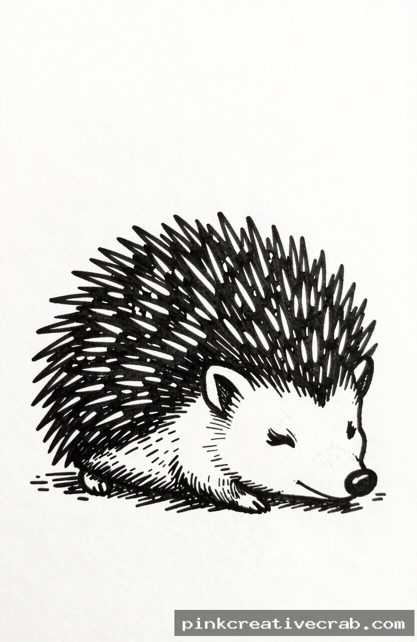sleepy cartoon hedgehog, black ink doodle on white paper, half-circle body, short radiating spine marks, closed eyes, wh