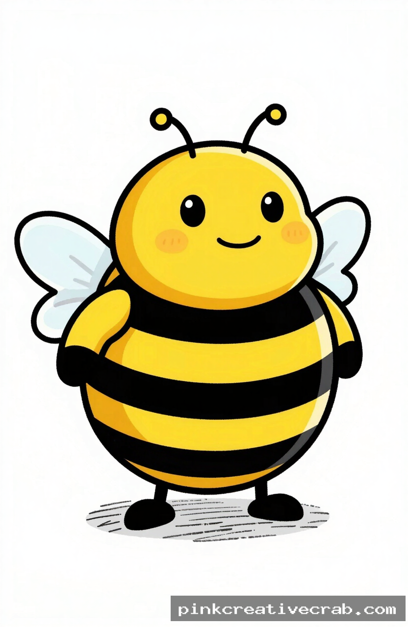 chubby cartoon bumblebee, black ink doodle on white paper, yellow oval body, black stripes, small wings, smiling face, w