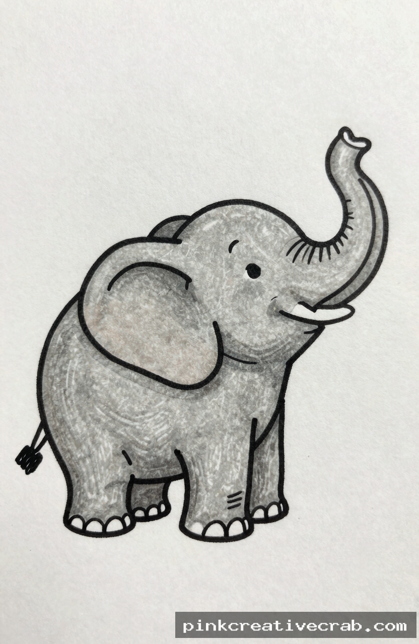 cartoon elephant, black ink doodle on white paper, round grey body, large ears, curling trunk upward, simple style, whit