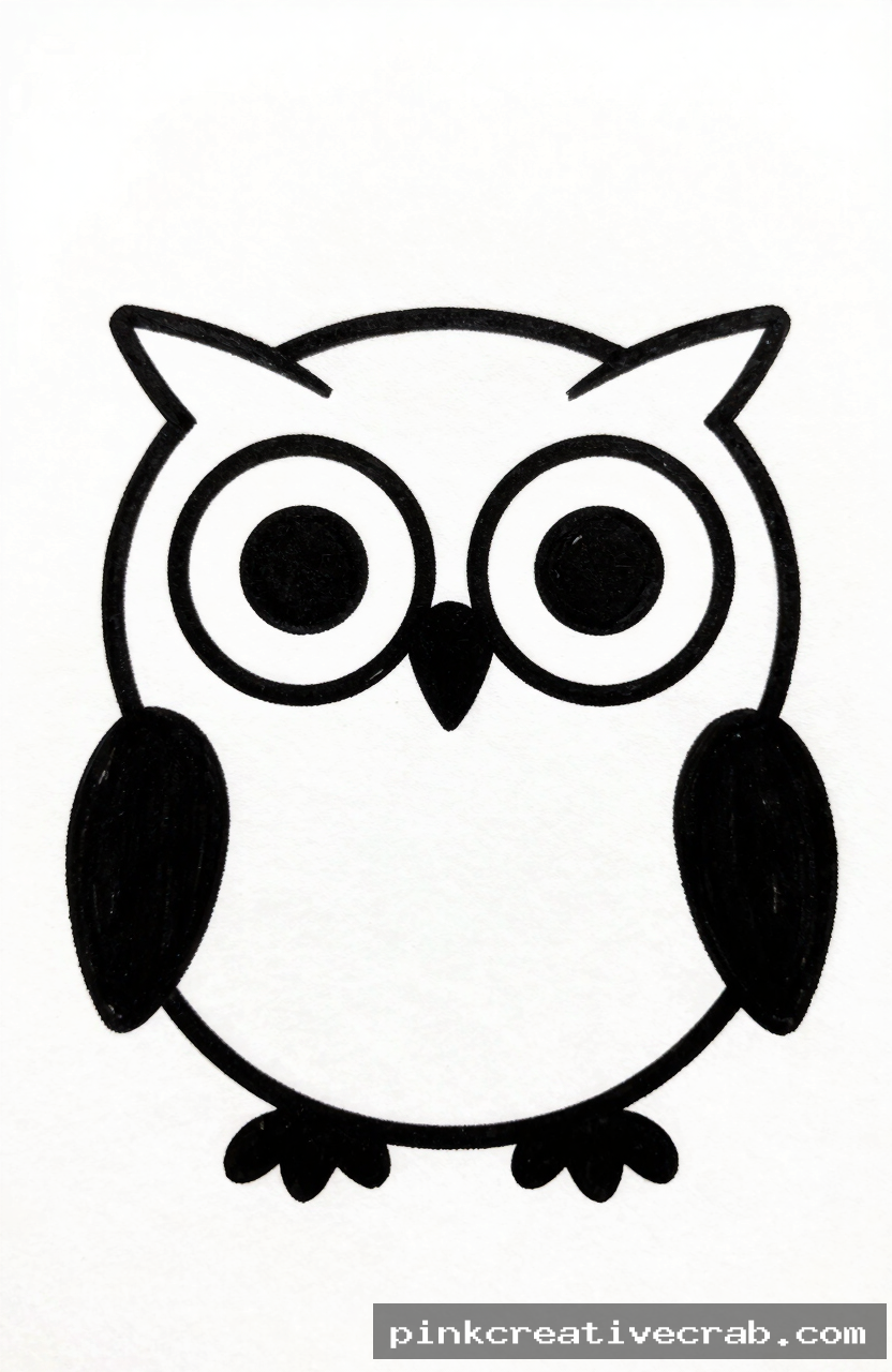 round cartoon owl, black ink doodle on white paper, large circle eyes, small triangle beak, simple wings, white backgrou