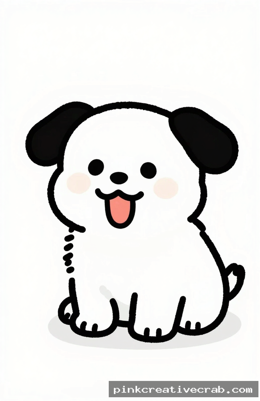playful cartoon puppy, black ink doodle on white paper, round head, floppy ears, tongue out, simple body, white backgrou