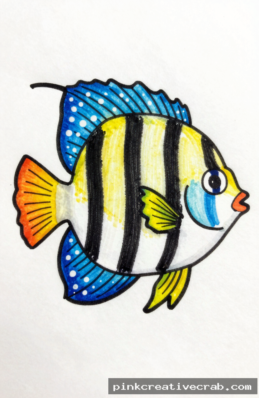 colorful tropical fish, black ink doodle on white paper, oval body, fan tail, bold stripes and dots pattern, white backg
