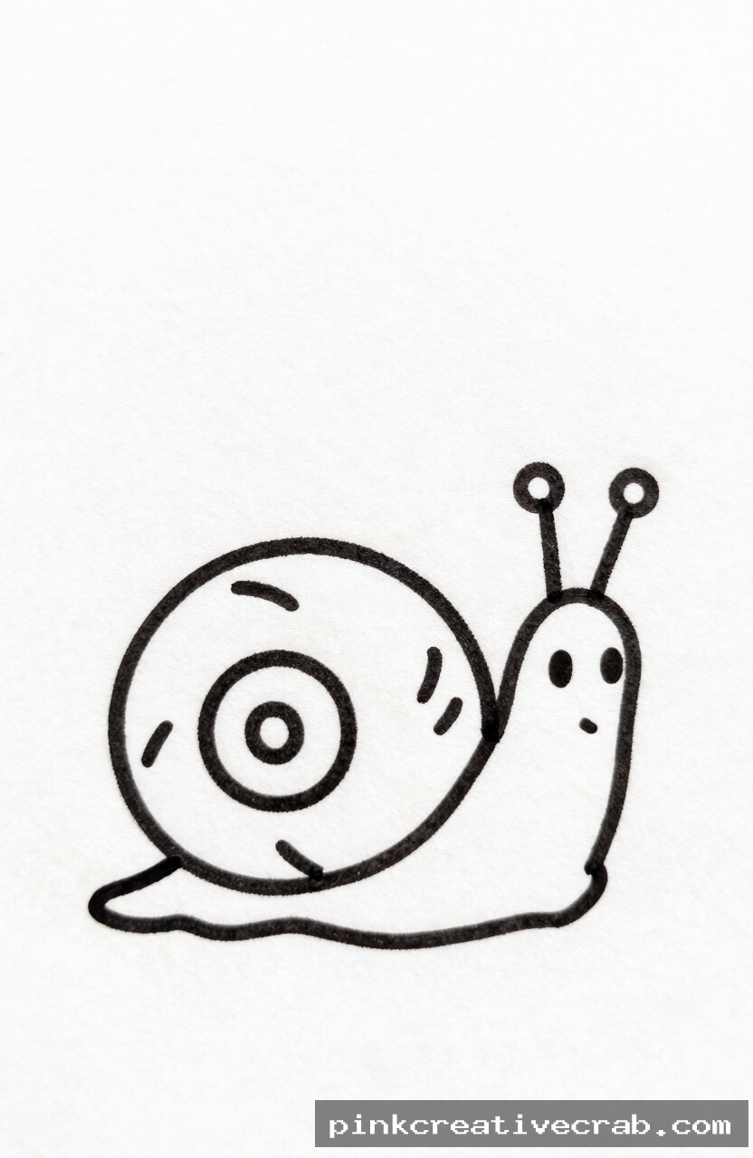 cartoon snail, black ink doodle on white paper, spiral shell, simple teardrop body, two antennae, white background