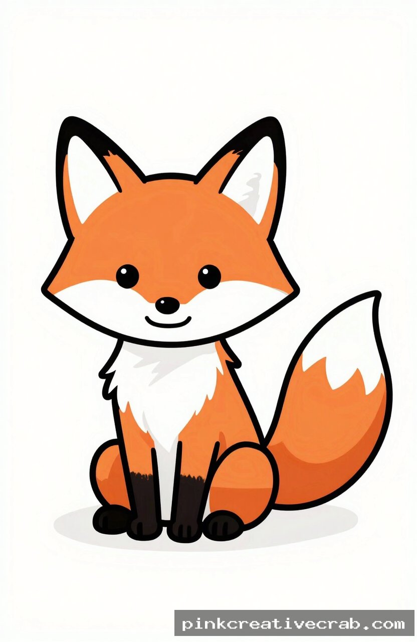 friendly cartoon fox, black ink doodle on white paper, orange triangle face, pointy ears, white chest, bushy tail, white
