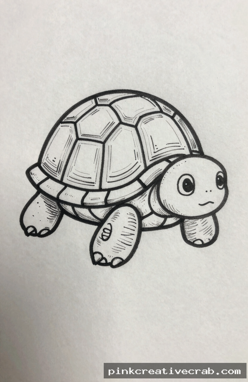 cartoon turtle, black ink doodle on white paper, dome shell with honeycomb pattern, round head, four flippers, white bac