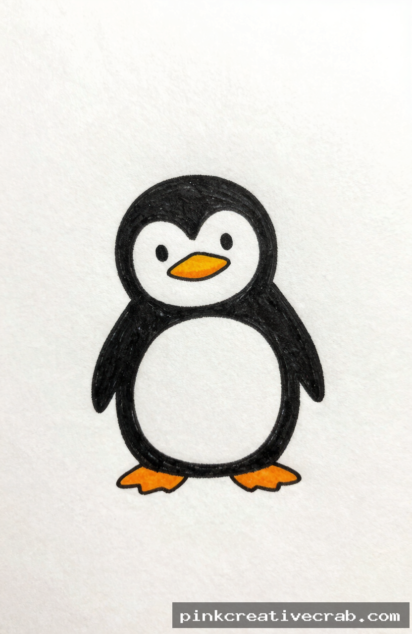 wobbly cartoon penguin, black ink doodle on white paper, black oval body, white tummy, orange beak, tiny feet, white bac