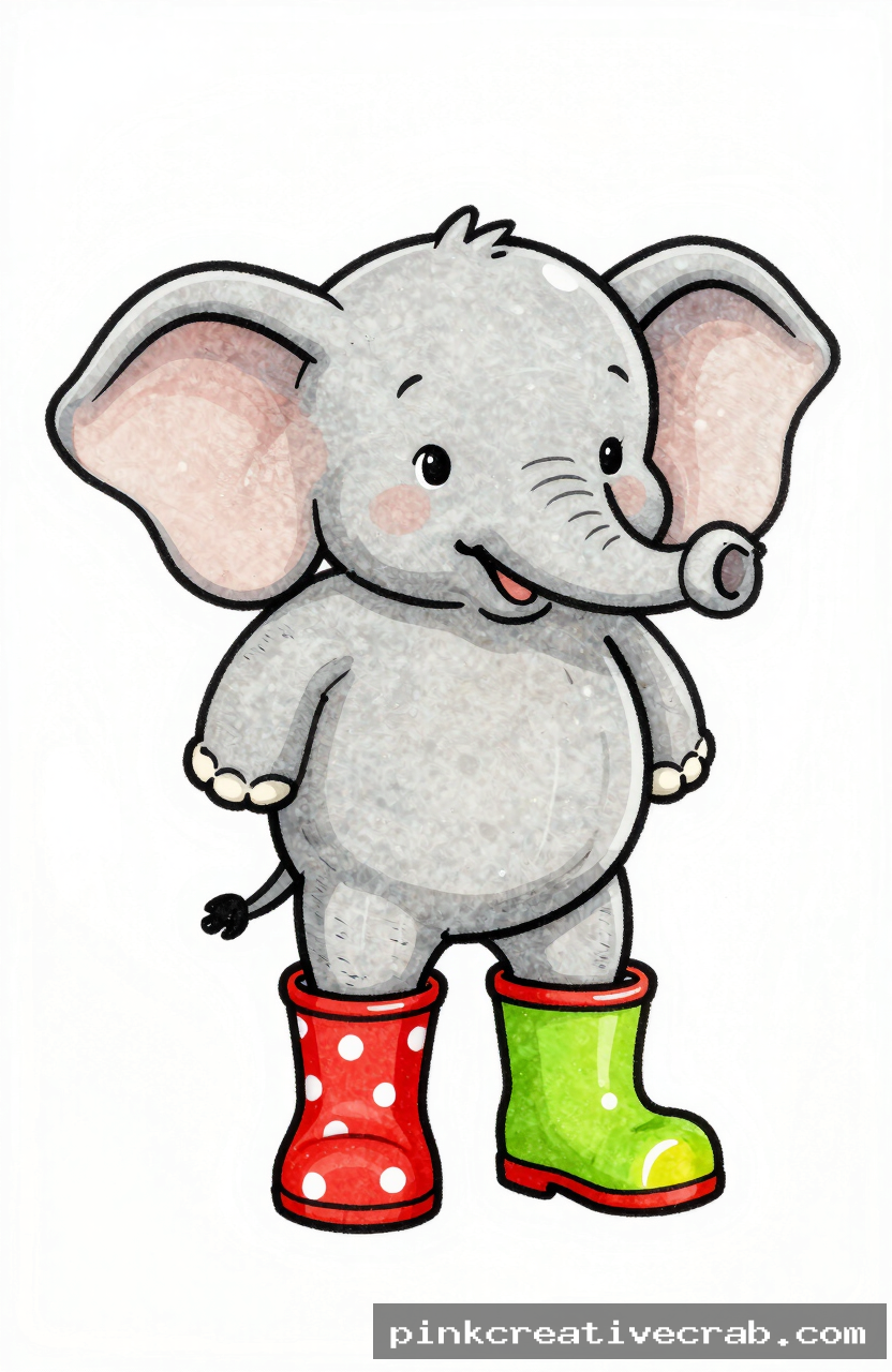 cartoon baby elephant wearing colorful rainboots, black ink doodle on white paper, round grey body, red polka dot boots,