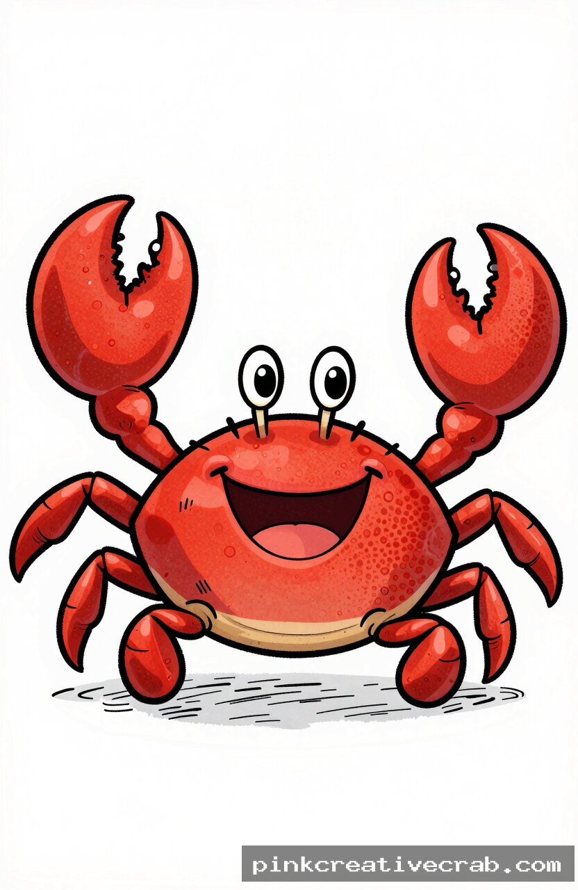 happy cartoon crab, black ink doodle on white paper, rounded red body, large claws, eyes on stalks, big smile, white bac