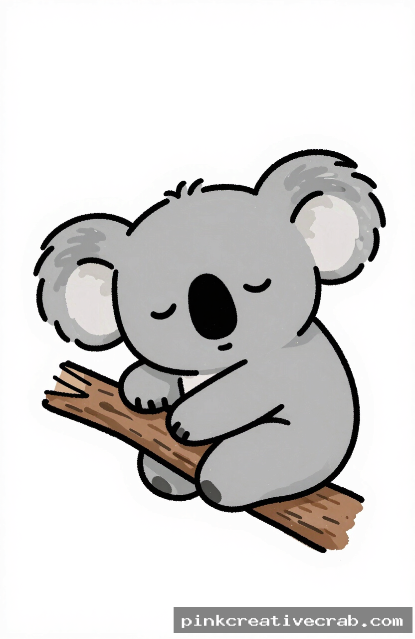 sleepy cartoon koala hugging branch, black ink doodle on white paper, round grey head, large fluffy ears, big nose, whit