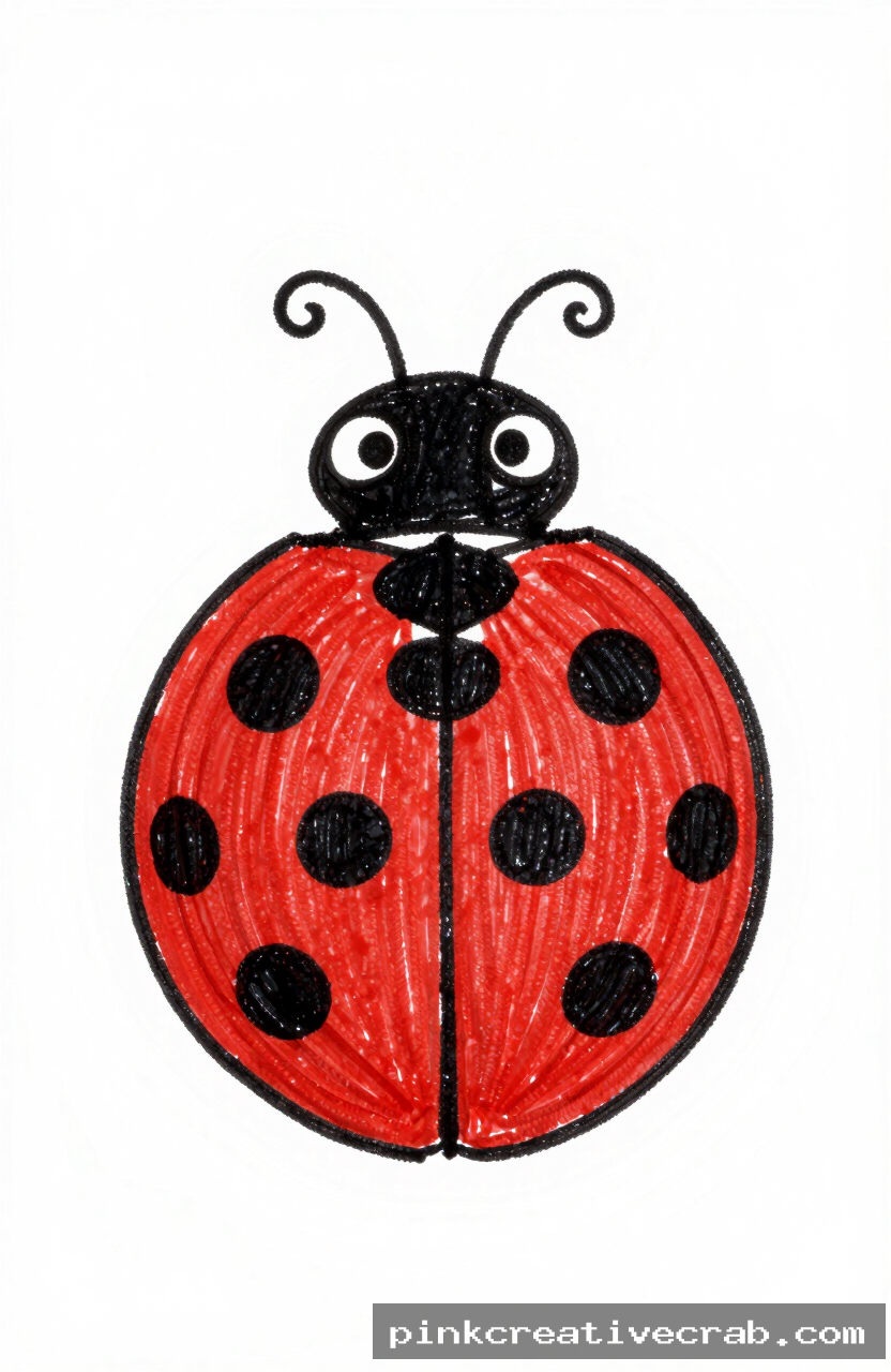 cartoon ladybug, black ink doodle on white paper, red oval shell, black spots, small black head, curling antennae, white
