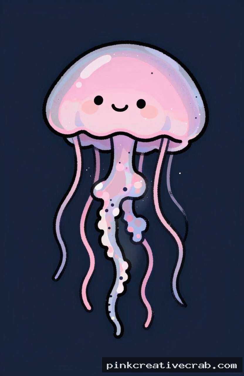 dreamy cartoon jellyfish, black ink doodle, pastel pink dome, flowing wavy tentacles, simple smiling face, dark navy bac