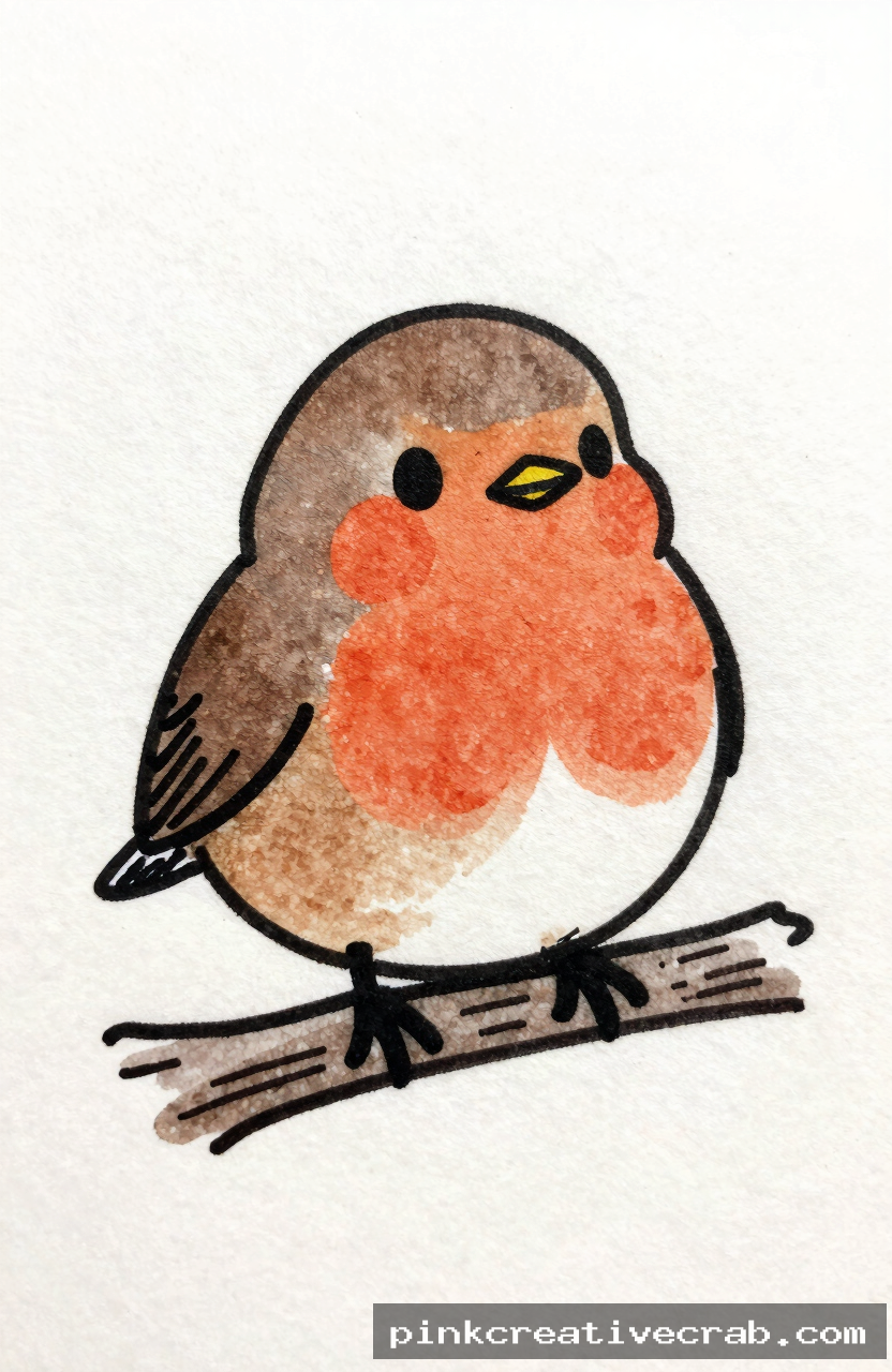 chubby cartoon robin, black ink doodle on white paper, round brown body, orange red chest, tiny beak, sitting on branch,