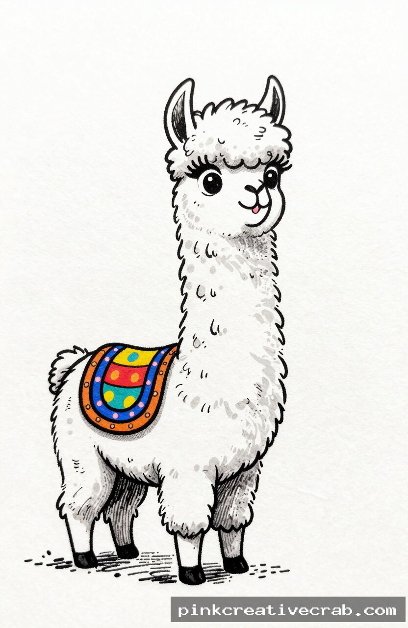 funny cartoon llama, black ink doodle on white paper, fluffy wool body, long neck, colorful saddle blanket, big eyelashe