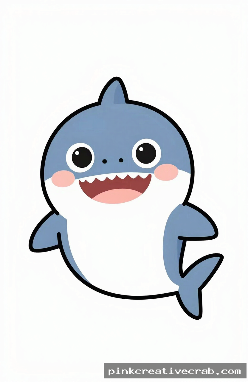 cute cartoon baby shark, black ink doodle on white paper, rounded blue grey body, dorsal fin, grinning mouth, big round 